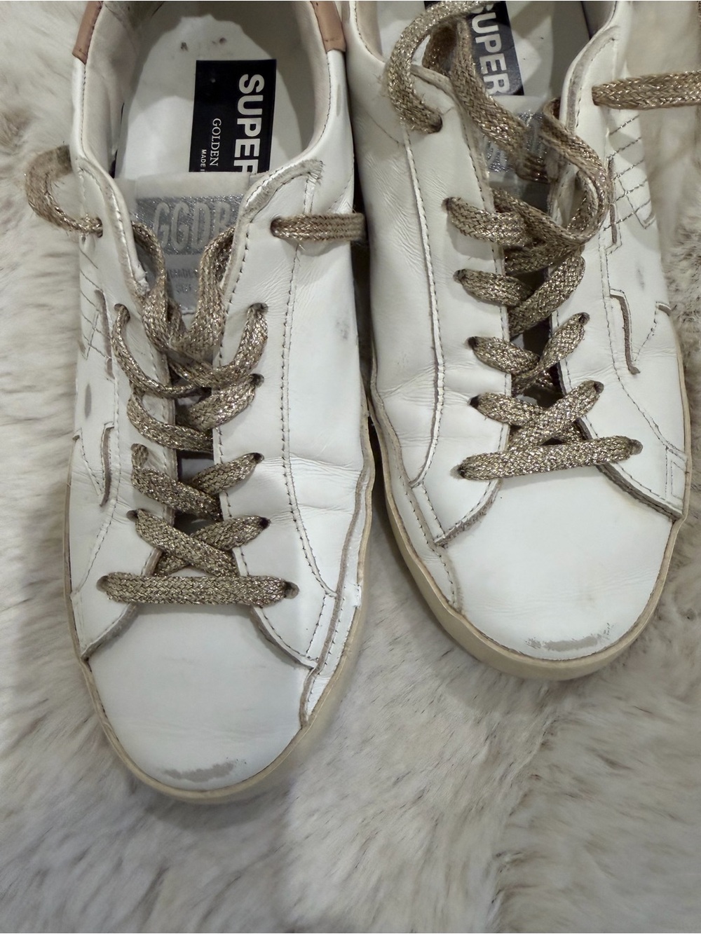 Golden Goose White Leather Sneakers with Gold Metallic Laces